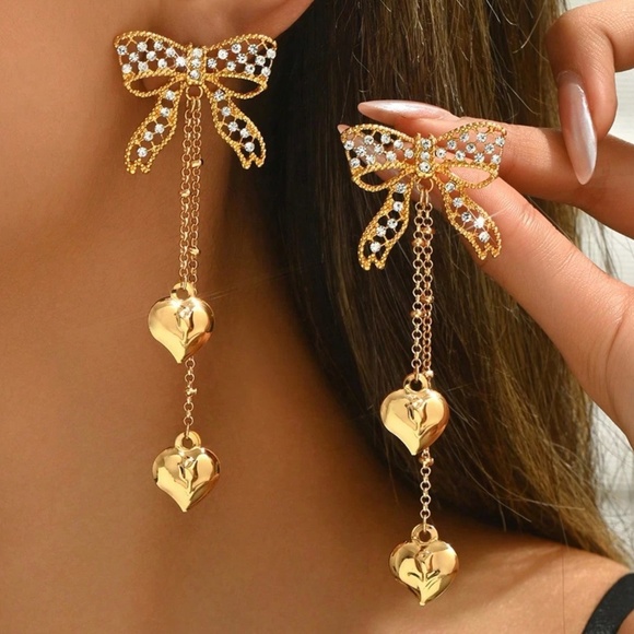 Gold Tone Rhinestone Bow Heart Drop Earrings - Picture 5 of 5
